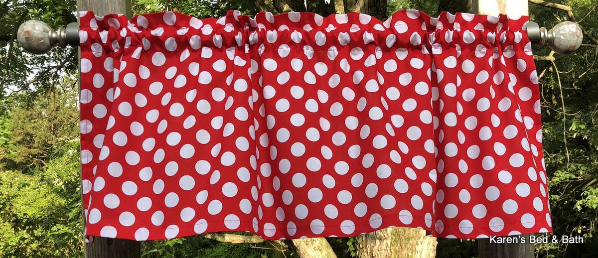 Red Polka Dot Valance 7/8 Inch White Dots on Red Farmhouse Cottage Kitchen Window Curtain Valance Panel - Choose Finished Length