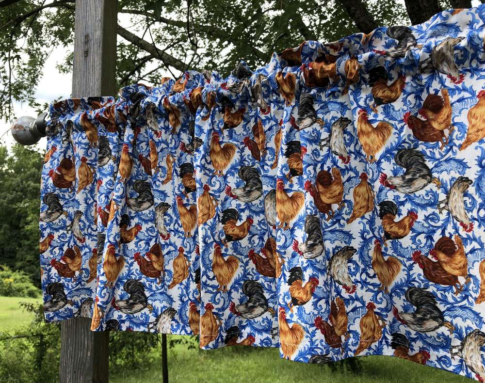 Rooster Valance Country Chicken Valance Farmer Hen Toss Farm House Blue White Curtain Valance