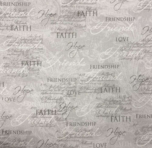 Faith Hope Friendship Gray Fabric By the Yard or Half Yard Grey Slate Friends Fabric Cotton Quilting Fabric t2/4