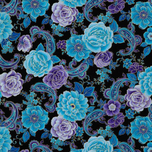 Blue Purple Floral Paisley Elegant Flowers Cotton Fabric BTY Yard or HY w4/26