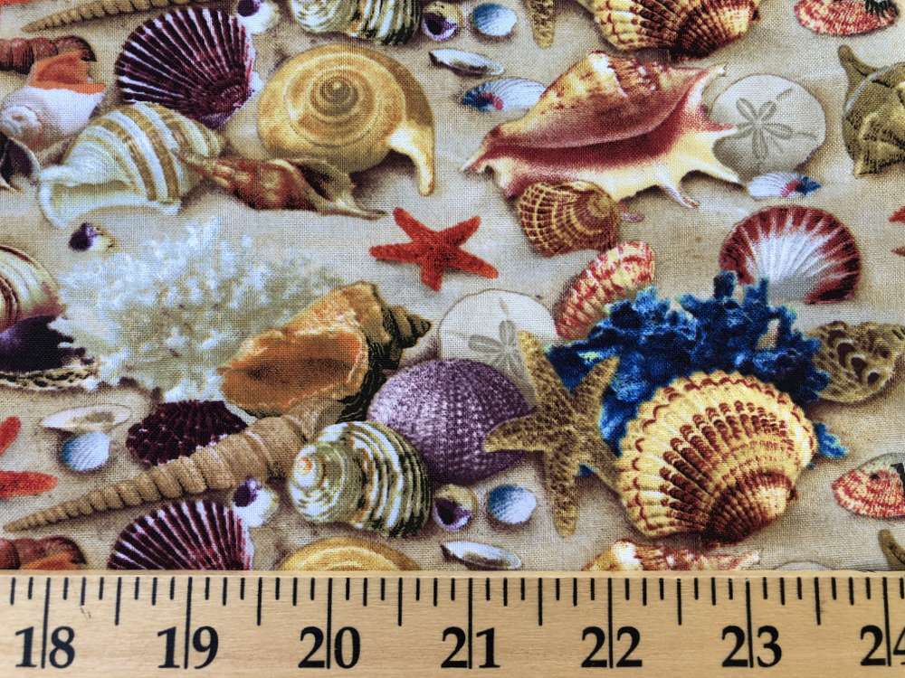 Beach Sea Shells Sandy Beach Coastal Nautical Landscape Fabric By the Yard t3/7