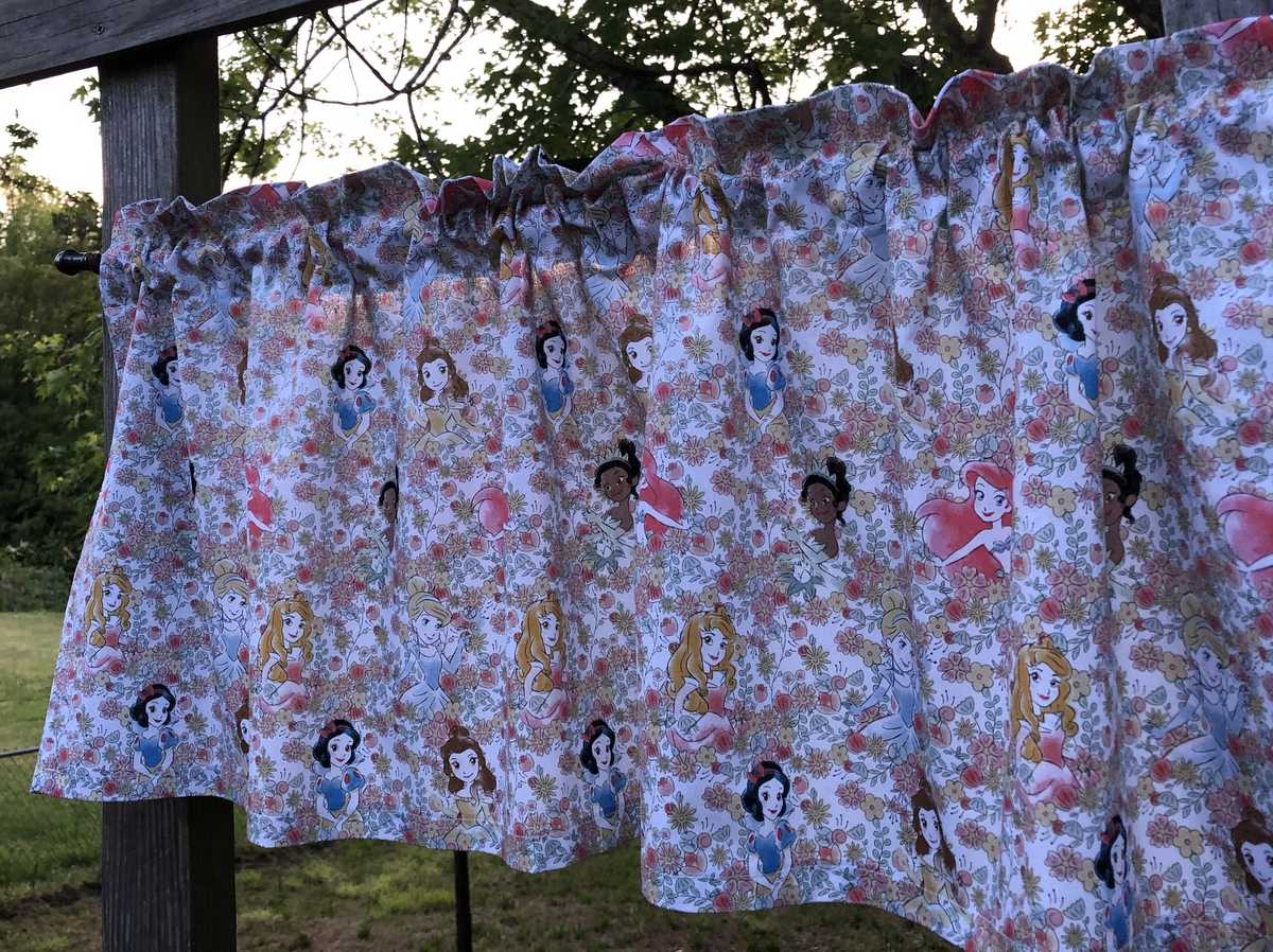Girl Princess Floral Nursery Curtain Valance Sewn From Snow White Ariel Mermaid Tiana Belle Ariel Cinderella Flower Meadow Cotton Fabric