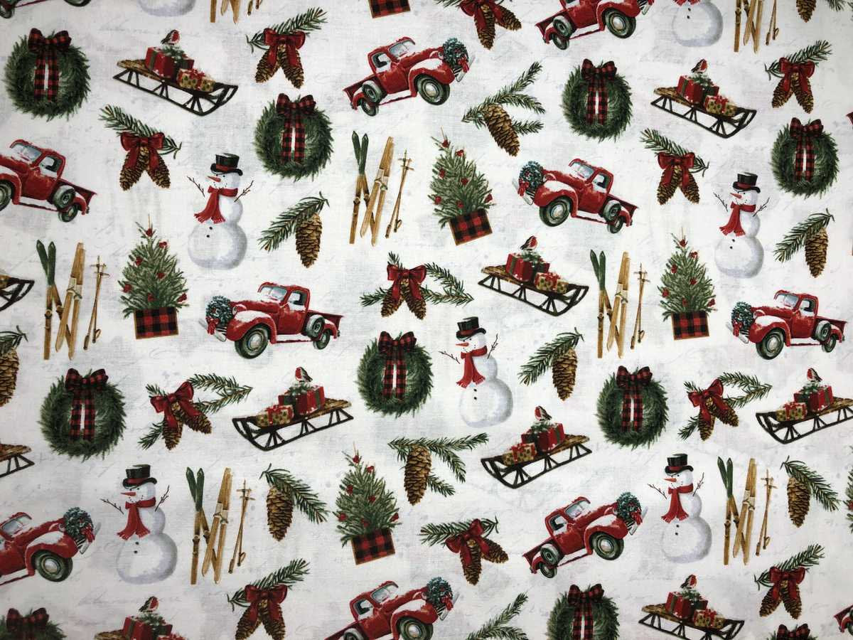 Christmas Fabric Winter Holiday Sled Ski Fabric Snowman Red Truck Panel Coordinate Fabric Pinecone Farm Wreath Xmas Cotton Fabric