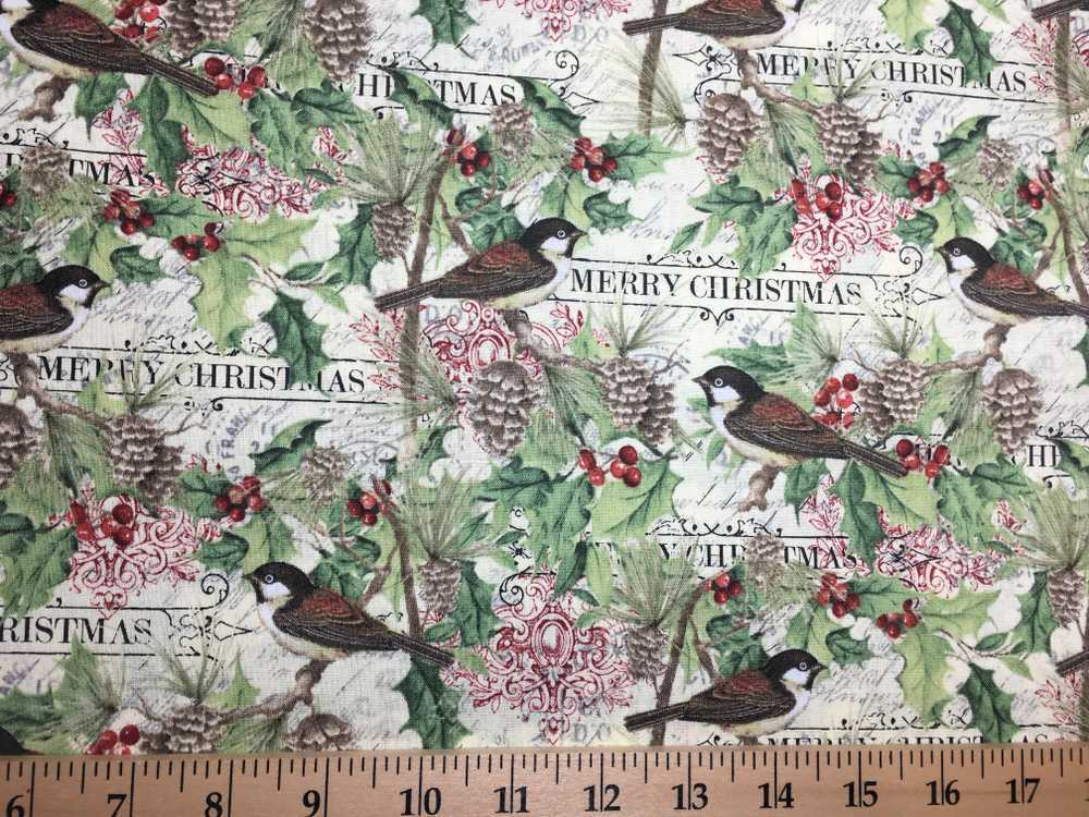Chickadees Pine Cones Trees Holly Berries Christmas Birds Handcrafted Valance