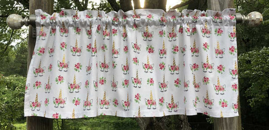 Unicorn Valance Unicorn Pink Rose Head Floral Face Eyelashes Roses Magical Horse Gold Horn Cotton Curtain Valance a1/18