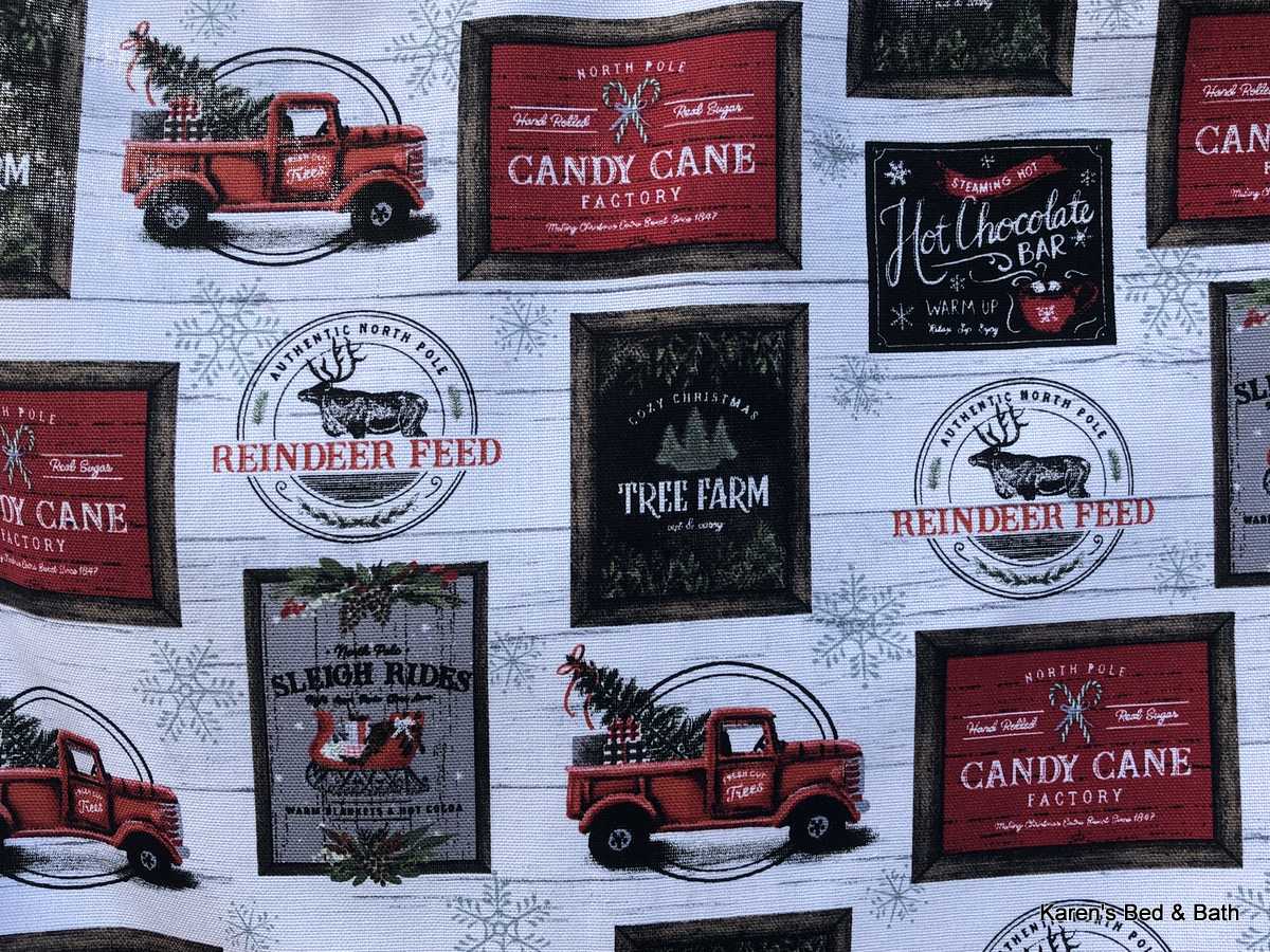 Christmas Holiday Signage Valance Red Pick-up Truck North Pole Xmas Signs Tree White Sliplap Kitchen Window Cotton Duck Curtain Valance