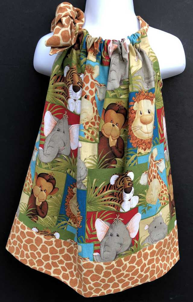 Safari Jungle Zoo Dress Wildlife Monkey Giraffe Lion Elephant Tiger Animals Handcrafted Sundress Sizes 12 Month, 2T 3T 4T 5 6 7 8 10 12 14