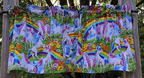 Rainbow Unicorn Butterfly Flowers Floral Green Valley of Pink Blue White Unicorns Handcrafted Window Curtain Valance