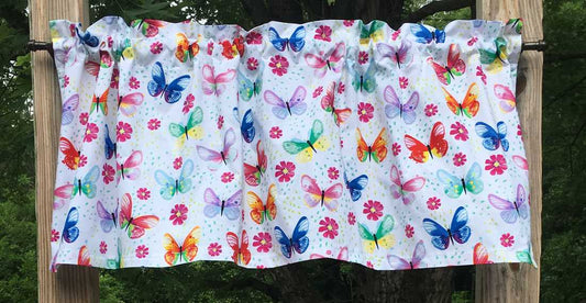 Butterfly Watercolor Green Blue Pink Yellow Purple Butterfly Flowers White Baby Nursery Bedroom Handcrafted Curtain Valance