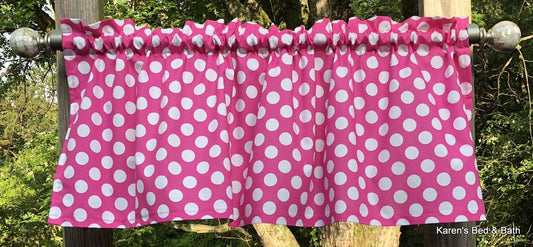 Pink Polka Dot Valance 7/8 Inch White Dots on Pink Farmhouse Cottage Kitchen Window Curtain Valance Panel - Choose Finished Length