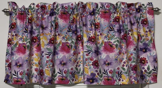 Watercolor Floral Valance Pink Purple Yellow Flowers Yellow Leaves White Farmhouse Kitchen Bath Curtain Valance w2/21