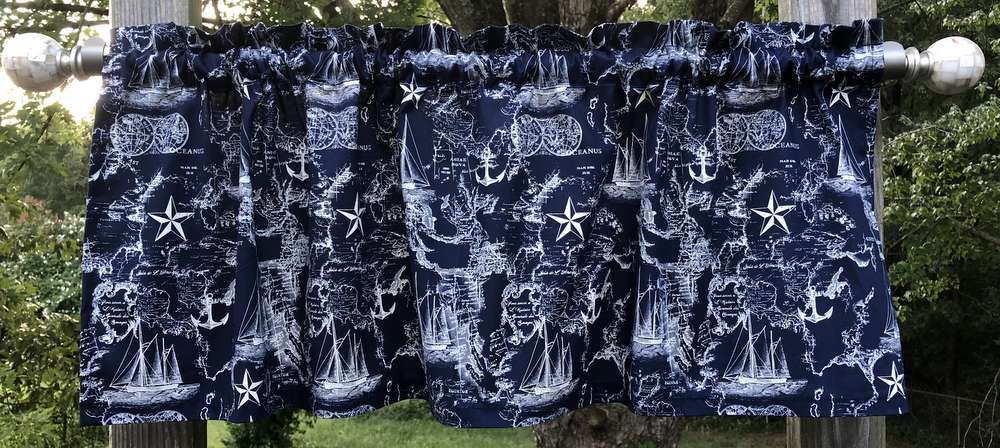 Nautical Map Beach Ship Voyage Anchor Antique White on Navy Blue Sailboat Handcrafted Valance t9/4