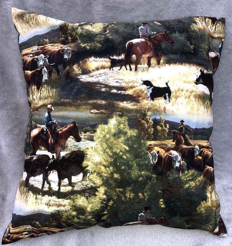 Western Cowboy Pillow Cover Scenic Old West Sofa Accent Pillow Sham Horses Cow Cattle Drive Farmhouse Pillow Cover, Handcrafted Pillow Cover