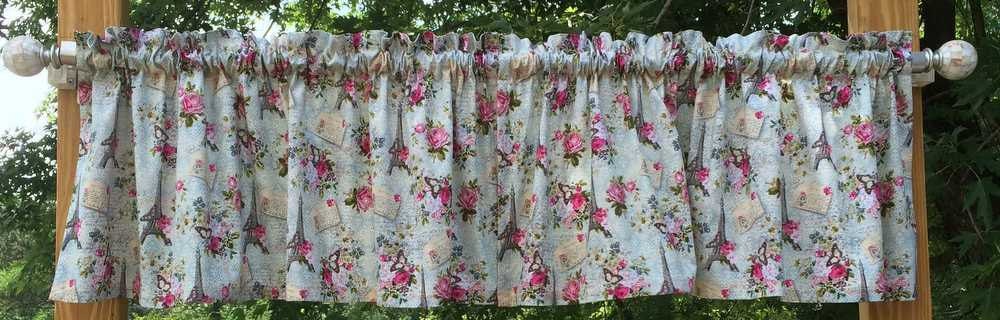 Paris Eiffel Tower Pink Rose Floral Postcards Handcrafted Custom Sewn Curtain Valance - Curtain Window Topper Window Treatment