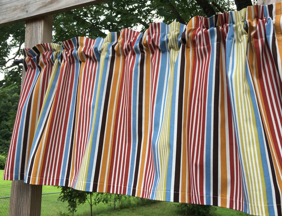 Orange Red Beige Brown Blue Green Beach Striped Handcrafted Custom Sewn Curtain Valance with Stripes