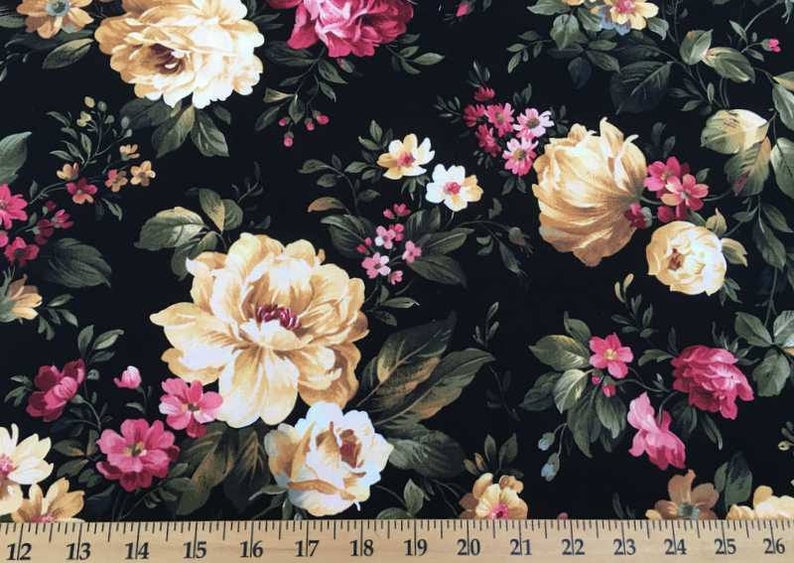 Pink Cottage Rose Cream Peony Floral Flowers Handcrafted Black Curtain Valance t1/39