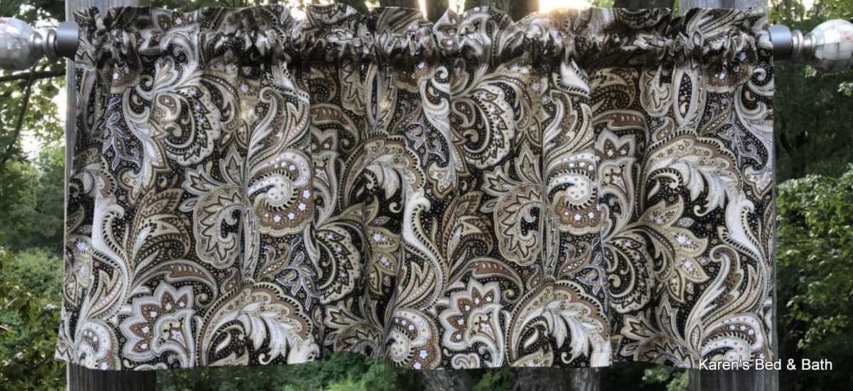 Brown Paisley Valance Khaki Tan Beige Perugina Floral Paisley Handcrafted Custom Sewn Cotton Curtain Valance - Choose Size
