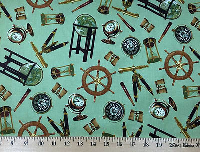 Nautical Sailing Boat Instruments Compass Binoculars Quilting Cotton Fabric t/s