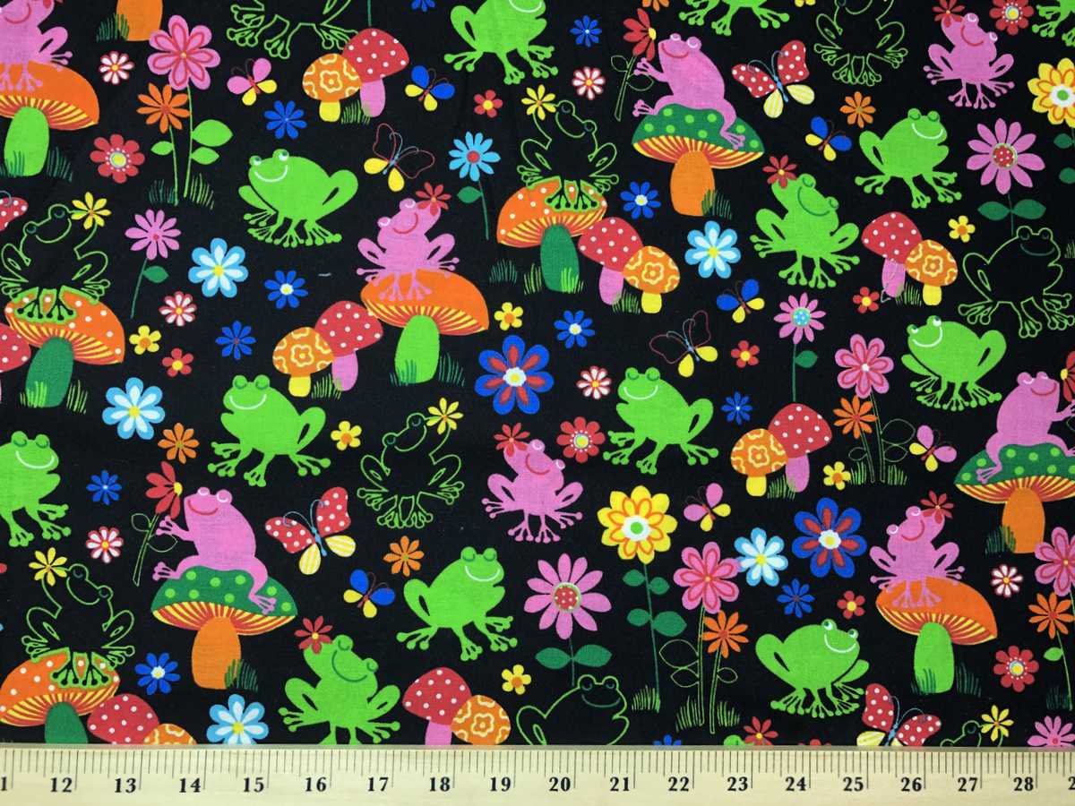 Colorful Froggy Frogs Toadstools Flowers Black Curtain Valance NEW