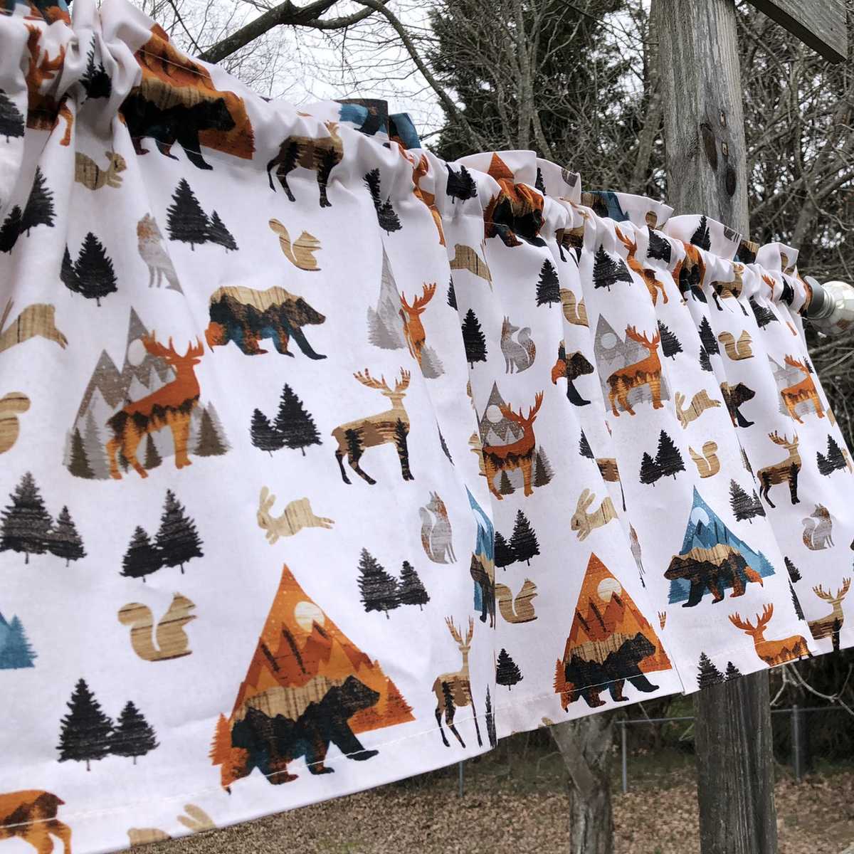 Sunset Animal Woodland Valance Bear Deer Squirrel Rabbit Trees Mountains Cabin Lodge Decor Handcrafted Curtain Valance or Pillow Cover t4/33