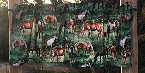 Horse Pony Grazing Field Equine Ranch Farm Country Green Kitchen Bath Handcrafted Curtain Valance