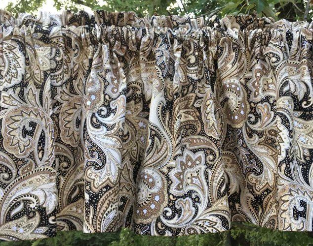Perugina Black Tan Khaki Floral Paisley Print Cotton Lined Handcrafted Valance