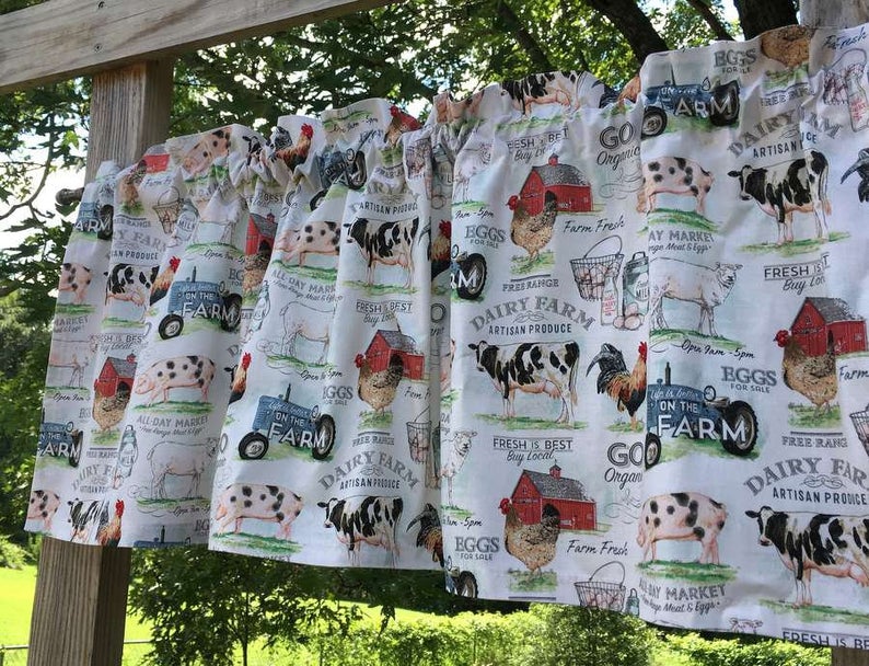 Country Farmhouse Kitchen Valance Dairy Farm Barn Animal Cow Chicken Rooster Pig Curtain Window Treatment Topper Valance, Tier Panel, Pillow Cover &/OR Drapes