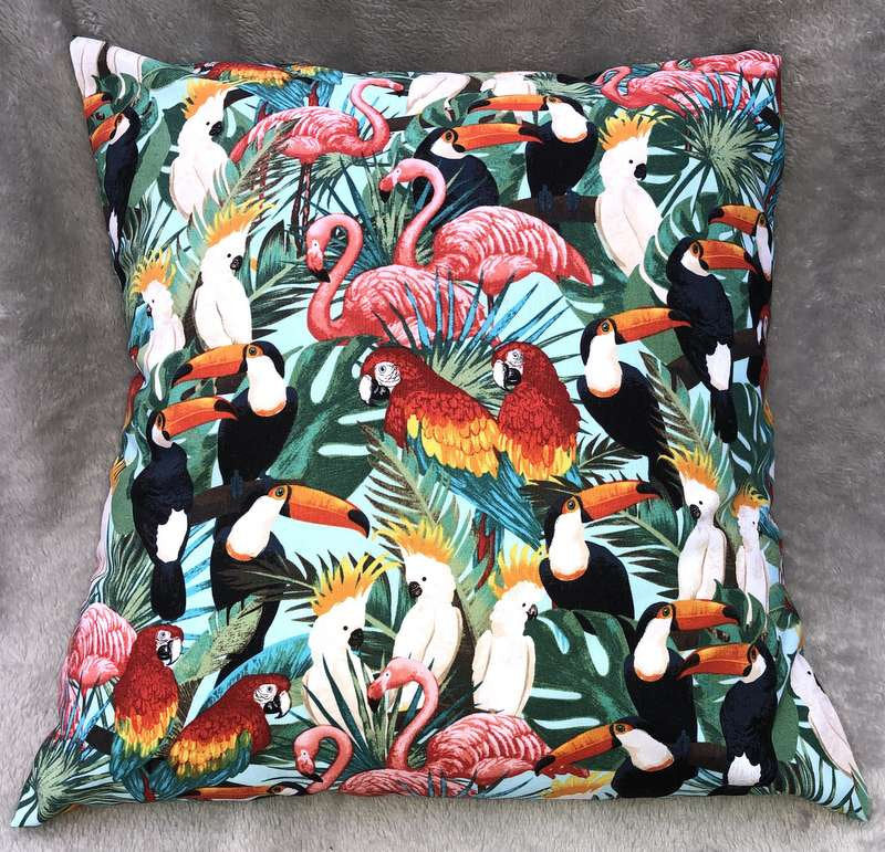 Tropical Jungle Birds Pillow Cover Flamingo Parrots Toucans Accent Pillow Sham Aviary Farmhouse Pillow Cover, Handcrafted Pillow Cover