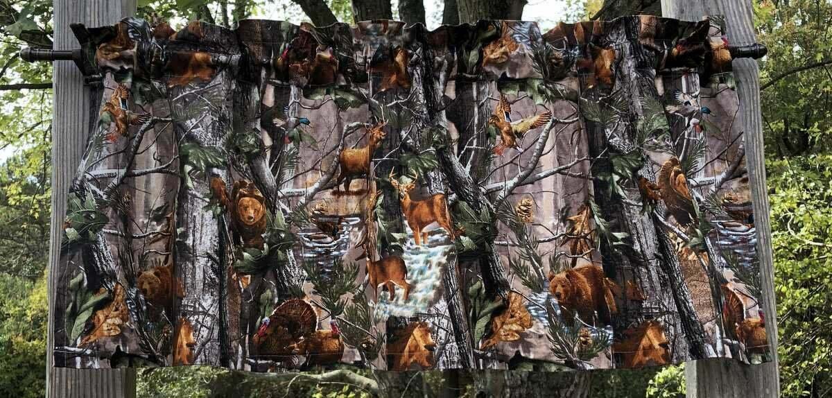 Wildlife Camouflage Woodland Animals Deer Bear Turkey Camo 2pc Panel Curtain Drapes 84w X 63L