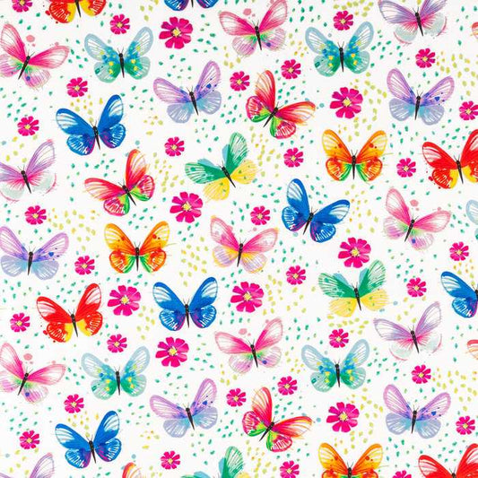 Butterfly Floral Purple Pink Blue Flowers Butterflies White Cotton Fabric a2/42