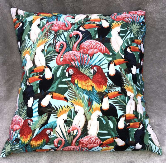 Tropical Jungle Birds Pillow Cover Flamingo Parrots Toucans Accent Pillow Sham Aviary Farmhouse Pillow Cover, Handcrafted Pillow Cover