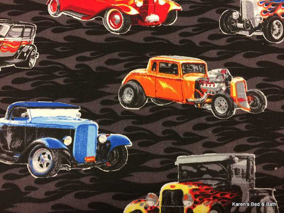 Hot Rods Boys Antique Vintage Cars on Black Cotton Curtain Topper Valance NEW