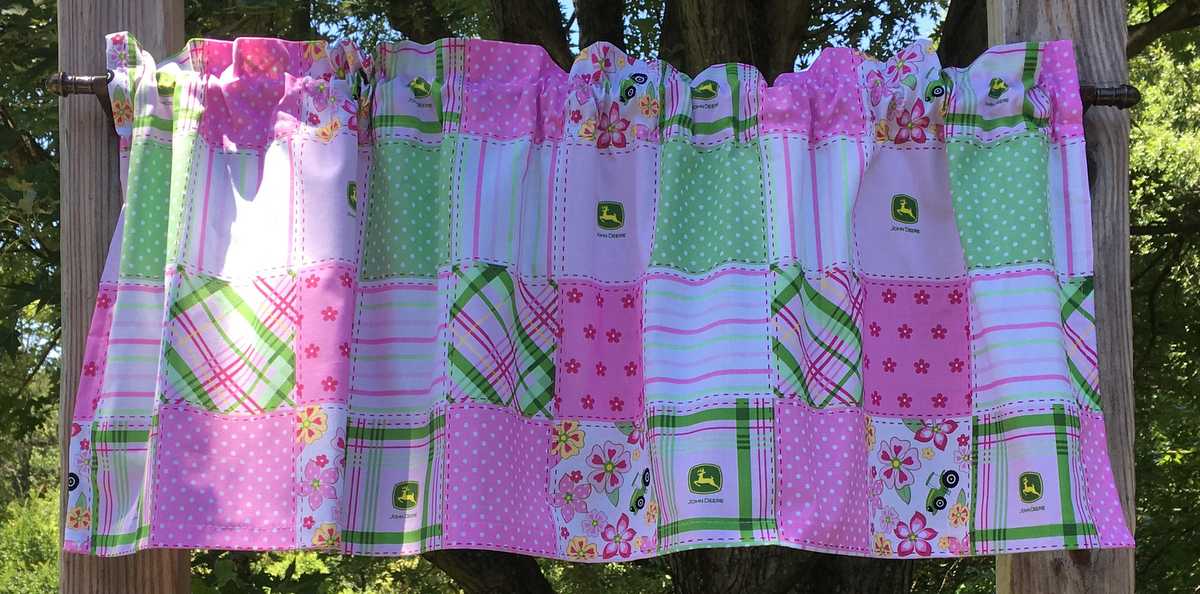 Handcrafted Curtain Valance Sewn From John Deere Farm Tractor Pink Green Floral Patch Dots Madras Plaid Cotton Fabric w
