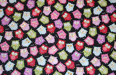 Colorful Red Blue Pink Bird Owls Black 100% Cotton Fabric BTY Half Yard t3/20