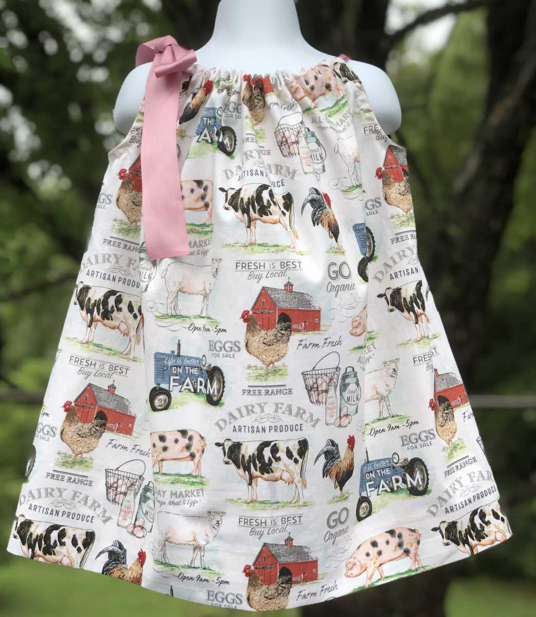 Dairy Farm Animals Sundress Farmer Daughter Dress Tractor Chicken Dairy Cow Market Girl Pillowcase Dress 12m 2T 3T 4T 5 6 7 8 10 12 14