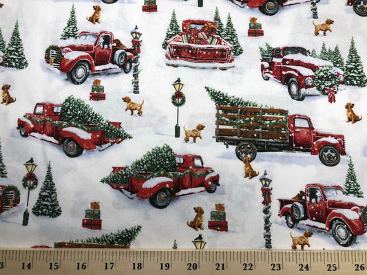 Christmas Red Truck Fabric Christmas Tree Fabric Xmas Dog Red Pick Up Truck Winter Holiday Snow Cotton Fabric