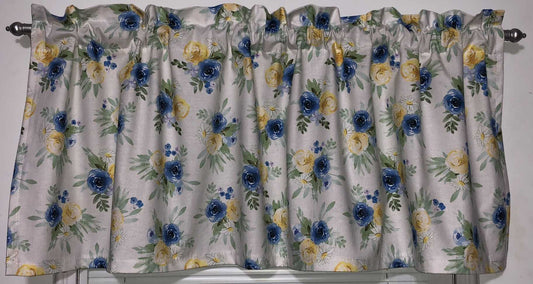 Blue Yellow Floral Valance Flower Bouquet Light Gray Farmhouse Kitchen Bath Curtain Valance