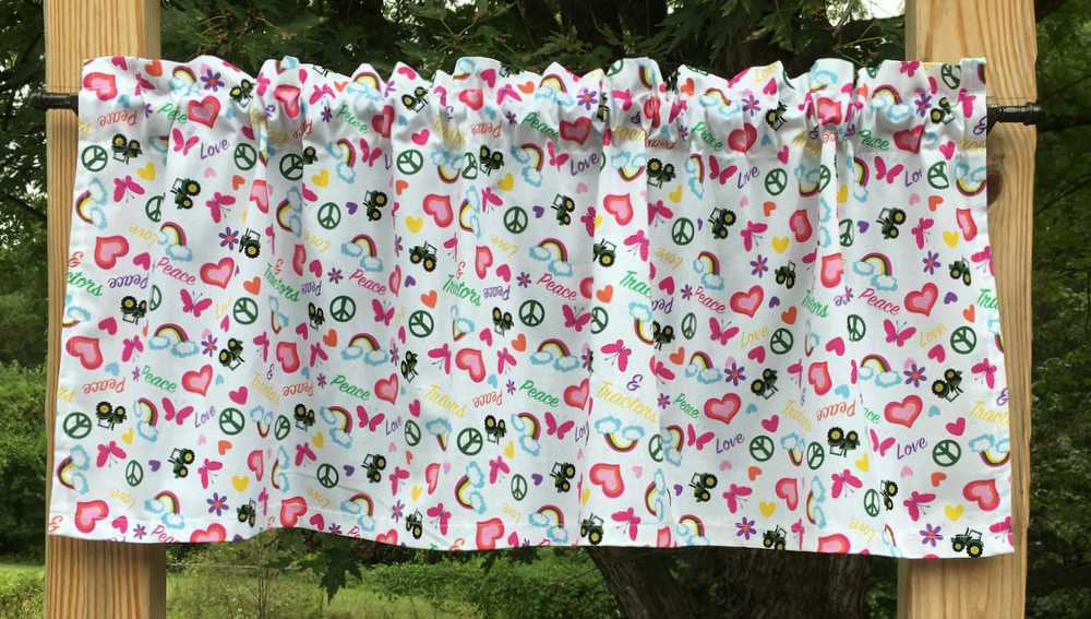 Handcrafted Curtain Valance Sewn From John Deere White Fabric Hearts Tractor Butterfly Rainbow Peace
