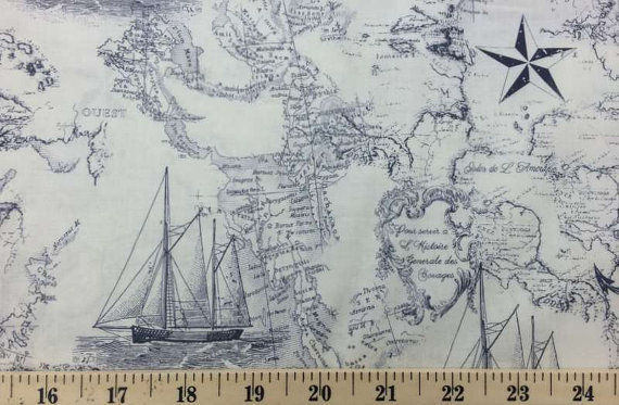 Nautical Coastal Ocean Sea Water Boat Map Beach Cottage Curtain Valance OR Tier Panel - Choose Length