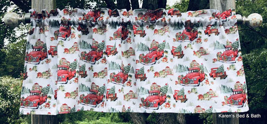 Christmas Red Truck Valance Xmas Holiday Presents Dog Cardinal Scenic Winter Decor Farmhouse Kitchen Window Curtain Valance