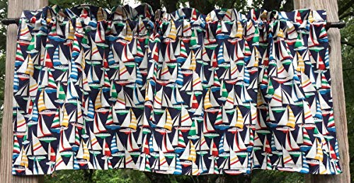 Sailboats Nautical Beach Lake House Red Green Yellow White Navy Blue Boat Handcrafted Curtain Valance