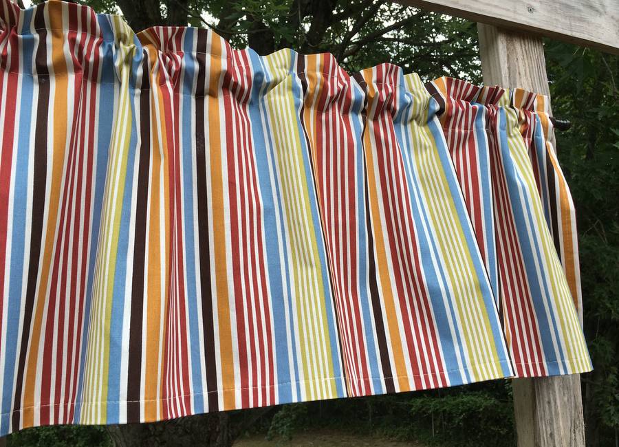 Orange Red Beige Brown Blue Green Beach Striped Handcrafted Custom Sewn Curtain Valance with Stripes