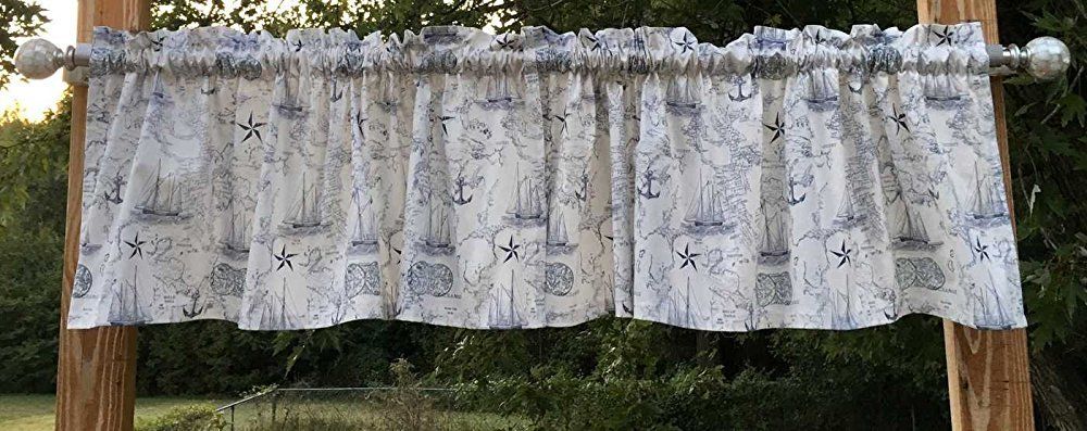 Nautical Map Ship Voyage Anchor Navy on White Sailboat Boat Kitchen Bath Handcrafted Valance a5/37