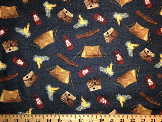 Camping Fabric Tent Fisherman Canoe Lantern Outdoor Life Camp Site Navy Blue Apparel Quilting Cotton Fabric