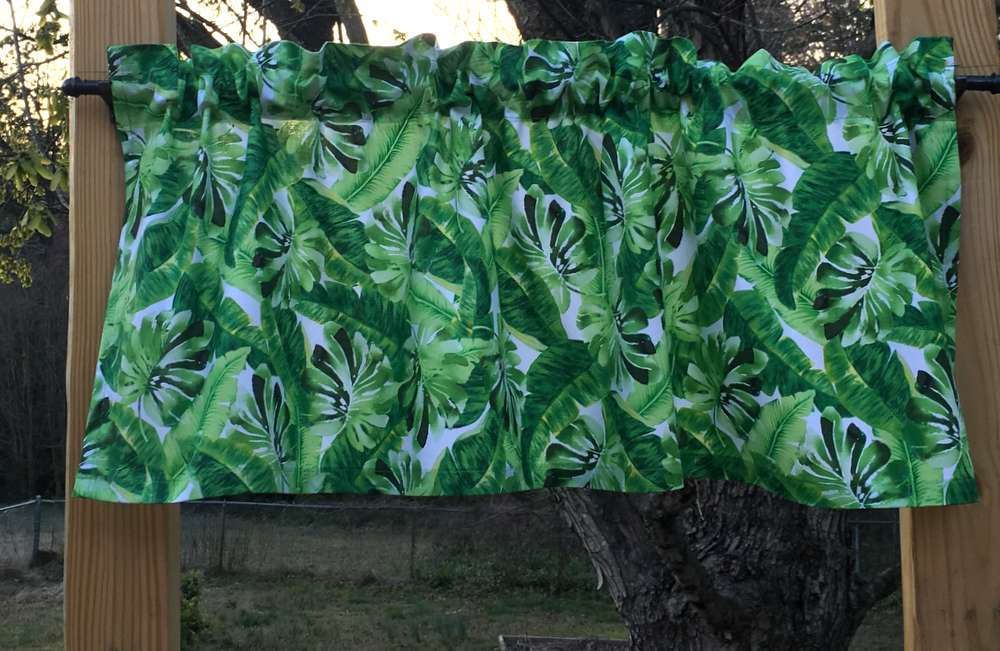 Large Green Tropical Jungle Leaf Banana Palm Leaves on White Coastal Beach Decor Kitchen Bath Curtain Valance