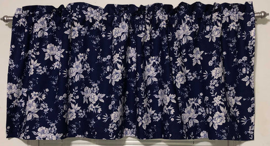Blue Floral Valance Porcelain Flowers Floral Navy Blue Farmhouse Bath Kitchen Curtain Valance