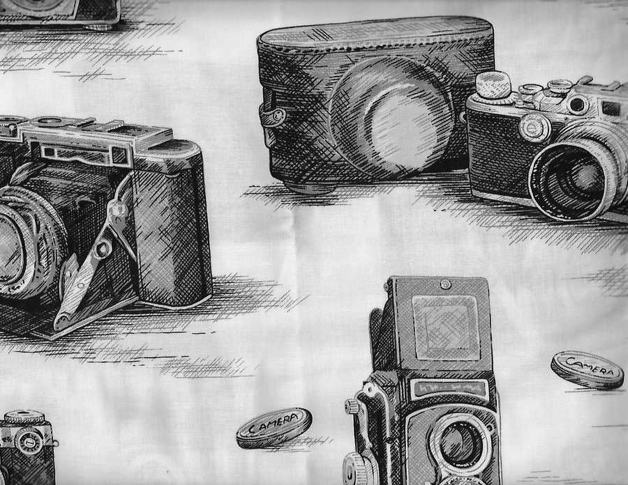 Antique Camera Black & White Gray Retro 100% Cotton Fabric BTY or Half Yard t3/1