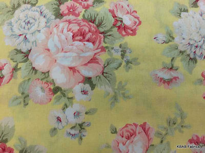 Large Shabby Floral Rose Fabric Pink Yellow Peony Flowers Cotton Yardage t1/6