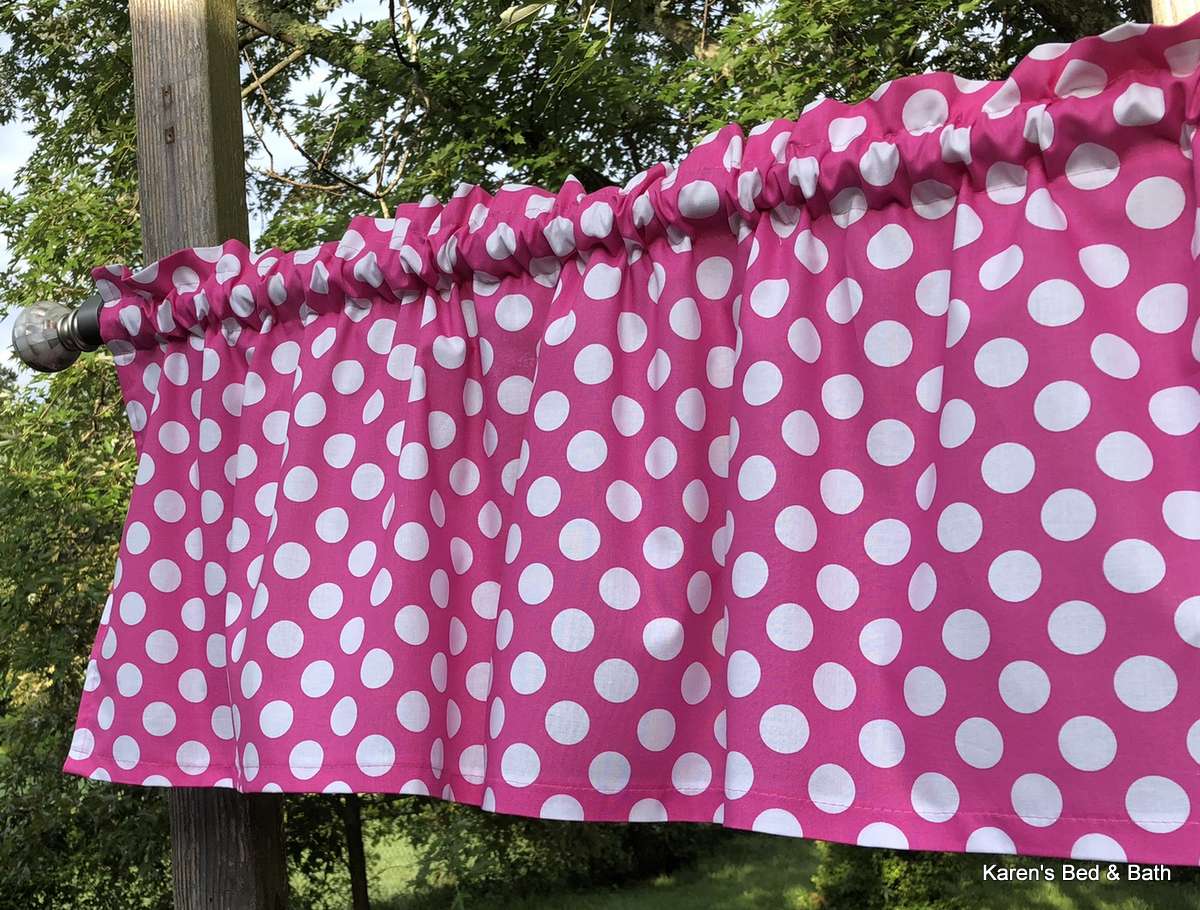 Pink Polka Dot Valance 7/8 Inch White Dots on Pink Farmhouse Cottage Kitchen Window Curtain Valance Panel - Choose Finished Length