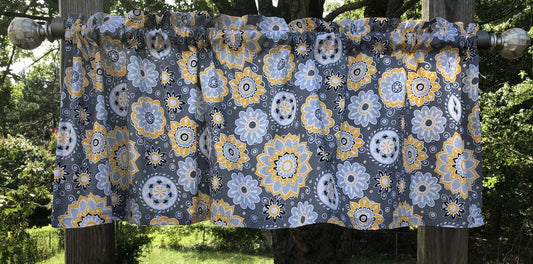 Yellow Grey White Black Floral Flowers Gray Handcrafted Custom Sewn Cotton Curtain Valance t10/3
